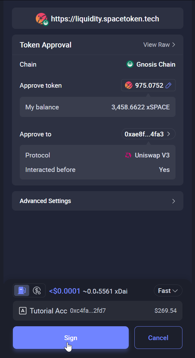 Rabby asking to sign the xSPACE approval on Gnosis Chain