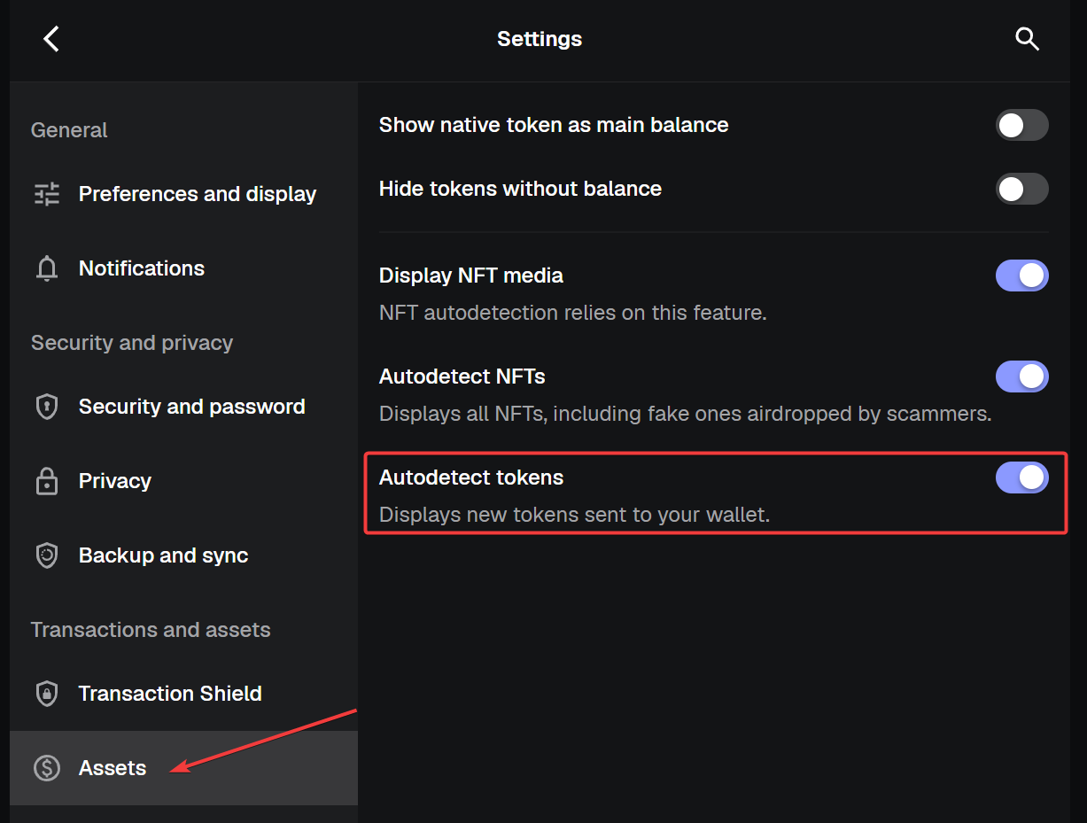 The Autodetect tokens toggle in the MetaMask Assets settings