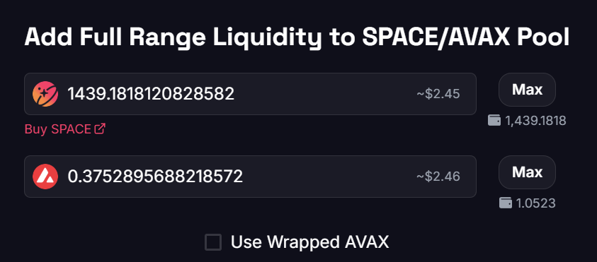 Amount fields filled in the SPACE Liquidity UI on Avalanche