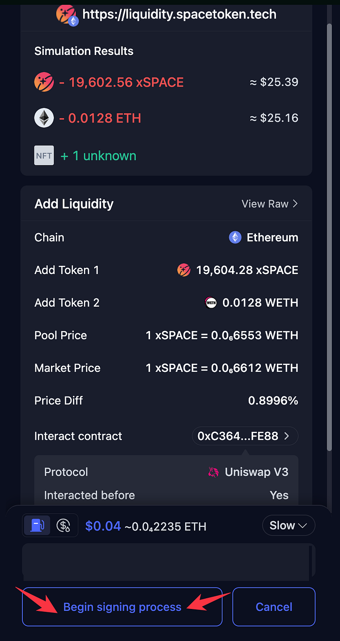 Rabby asking to sign the add liquidity transaction on Ethereum