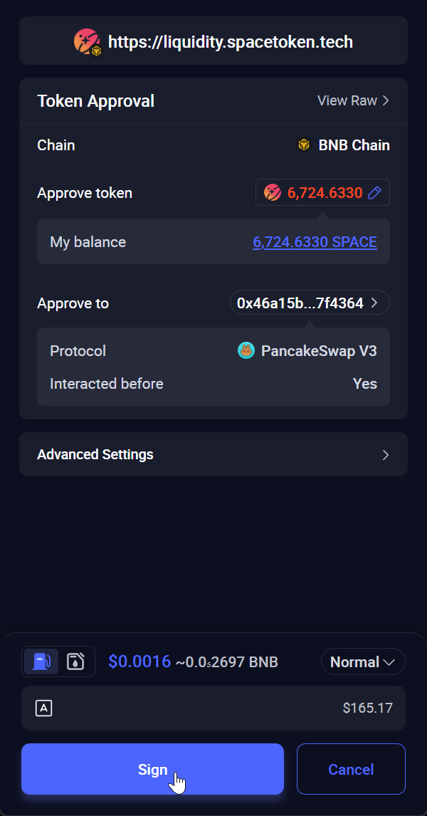 Rabby asking to sign the token approval on BNB Smart Chain