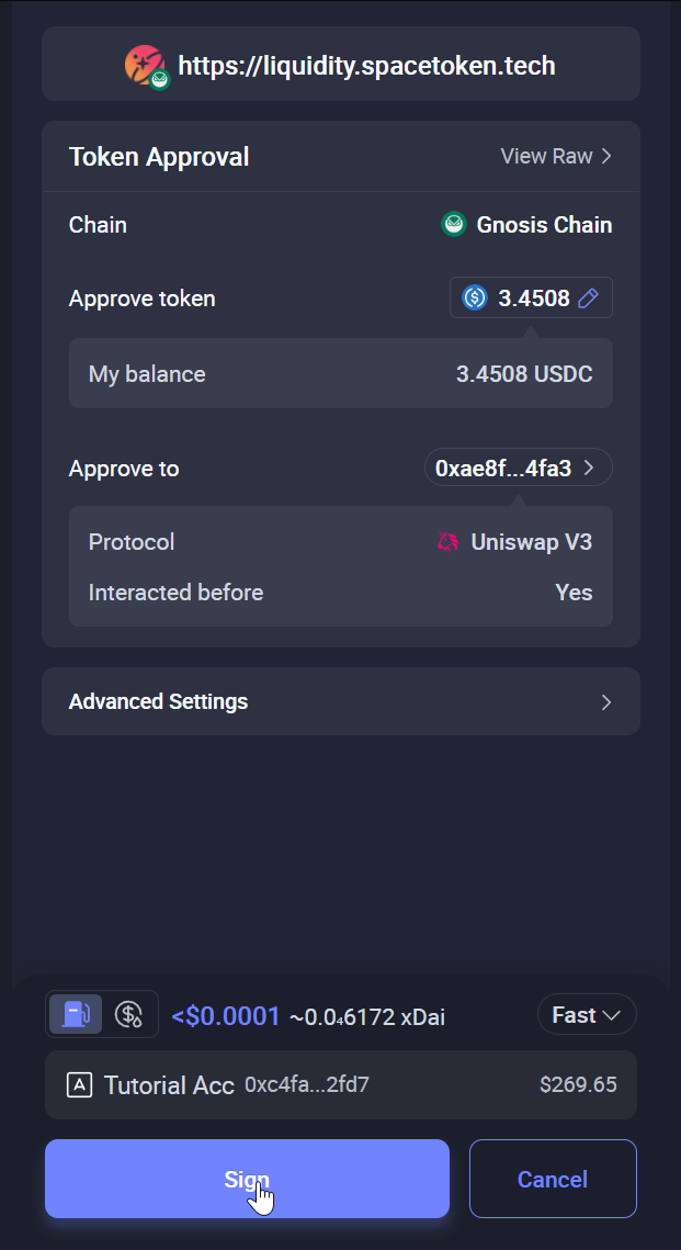 Rabby asking to sign the USDC approval on Gnosis Chain