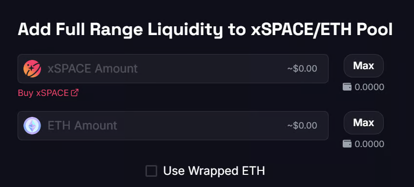 The SPACE Liquidity UI on Optimism with xSPACE and ETH pre-selected