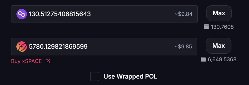 Amount fields filled in the SPACE Liquidity UI on Polygon