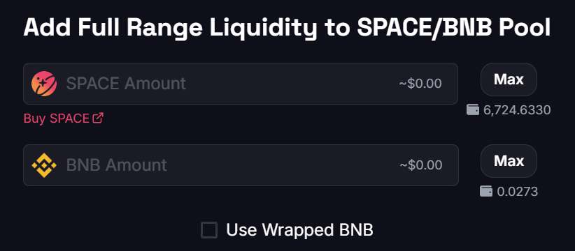 The SPACE Liquidity UI on BNB Smart Chain with SPACE and BNB pre-selected