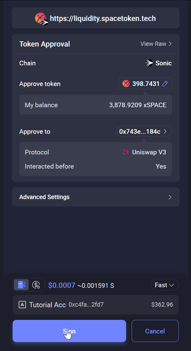 Rabby asking to sign the token approval on Sonic