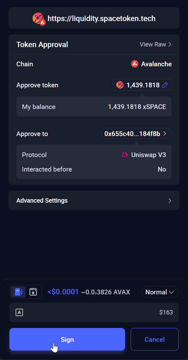 Rabby asking to sign the token approval on Avalanche