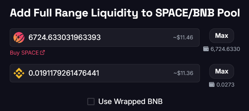 Amount fields filled in the SPACE Liquidity UI on BNB Smart Chain