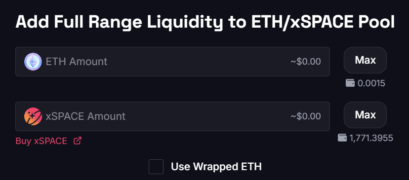 The SPACE Liquidity UI on Base with ETH and xSPACE pre-selected