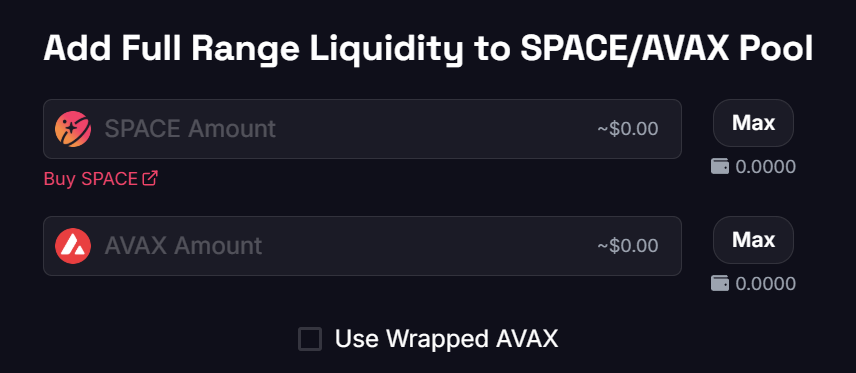 The SPACE Liquidity UI on Avalanche with SPACE and AVAX pre-selected