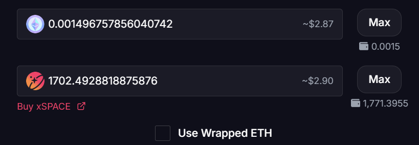 Amount fields filled in the SPACE Liquidity UI on Base