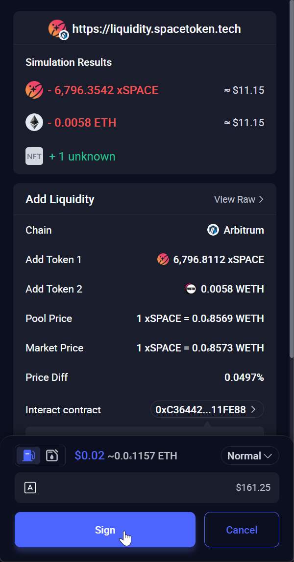 Rabby asking to sign the add liquidity transaction on Arbitrum
