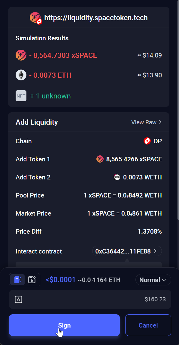 Rabby asking to sign the add liquidity transaction on Optimism
