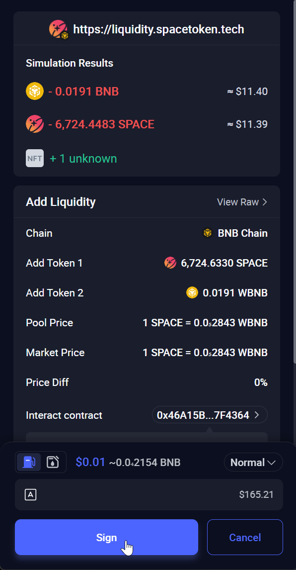 Rabby asking to sign the add liquidity transaction on BNB Smart Chain