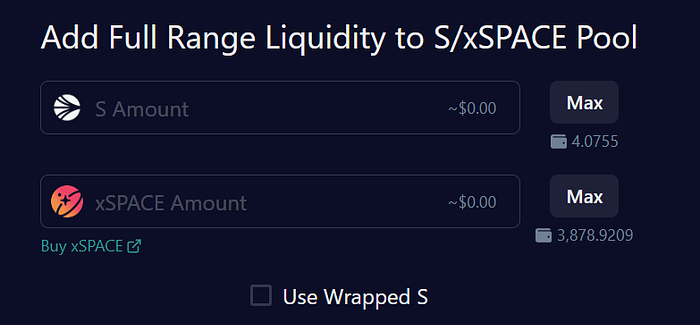 The SPACE Liquidity UI on Sonic with S and xSPACE pre-selected