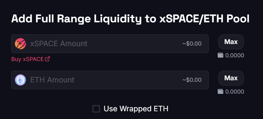 The SPACE Liquidity UI on Arbitrum with xSPACE and ETH pre-selected