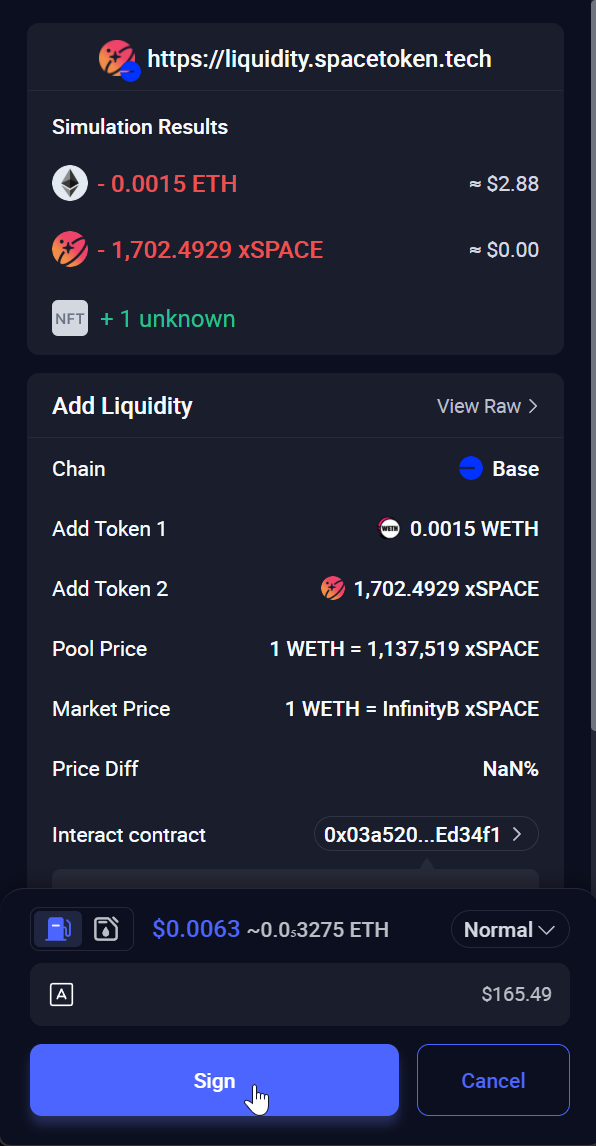 Rabby asking to sign the add liquidity transaction on Base