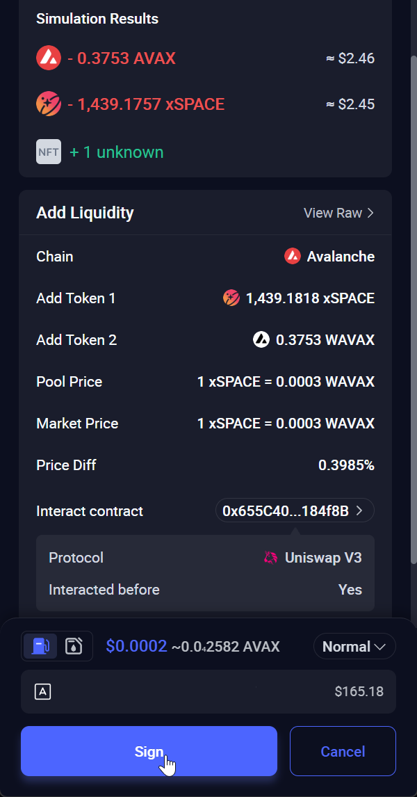 Rabby asking to sign the add liquidity transaction on Avalanche
