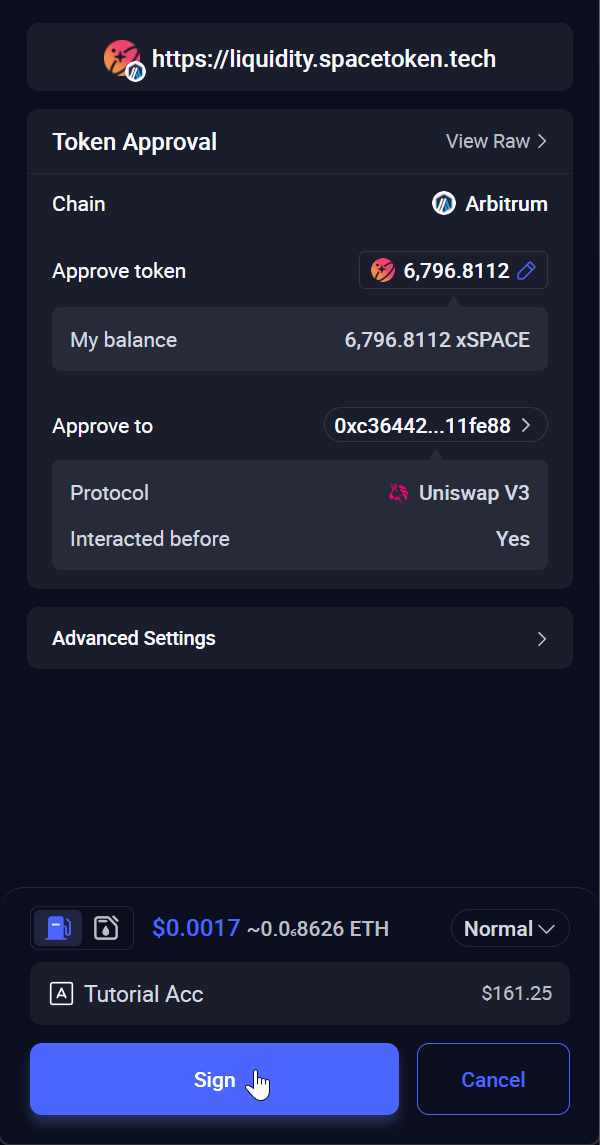 Rabby asking to sign the token approval on Arbitrum