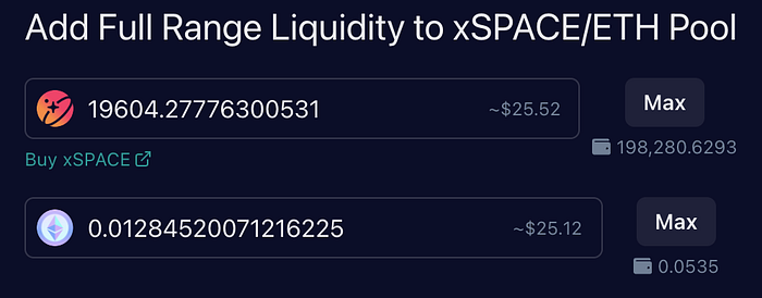 Amount fields filled in the SPACE Liquidity UI