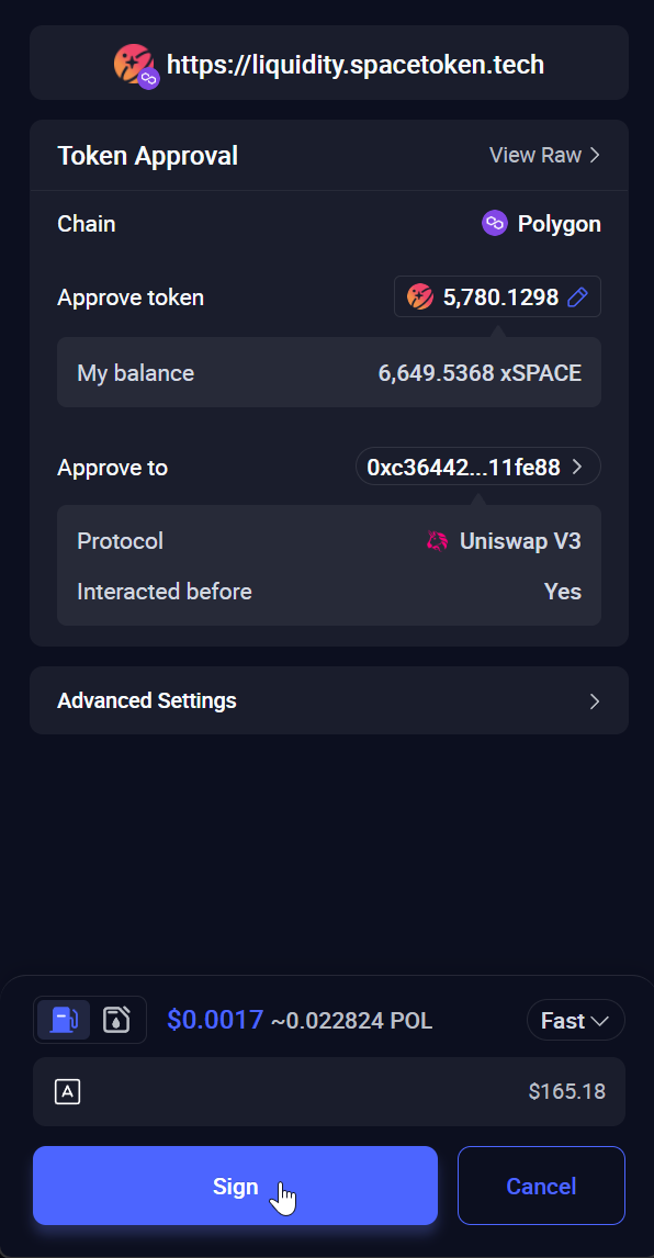 Rabby asking to sign the token approval on Polygon