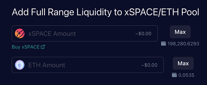 The SPACE Liquidity UI on Ethereum with xSPACE and ETH pre-selected