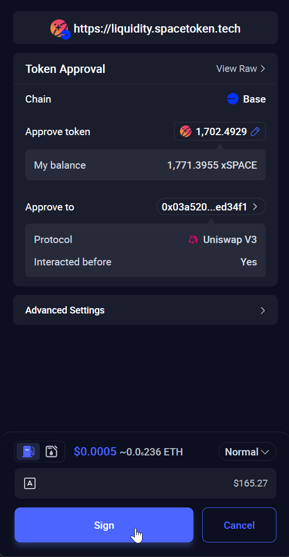 Rabby asking to sign the token approval on Base
