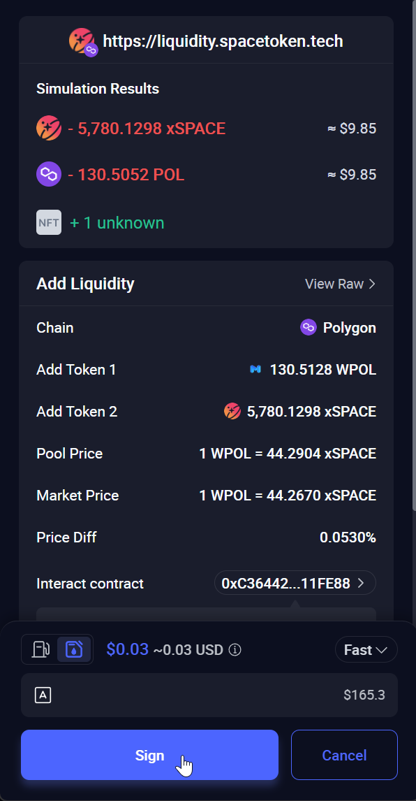 Rabby asking to sign the add liquidity transaction on Polygon