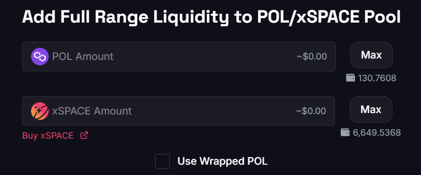The SPACE Liquidity UI on Polygon with POL and xSPACE pre-selected