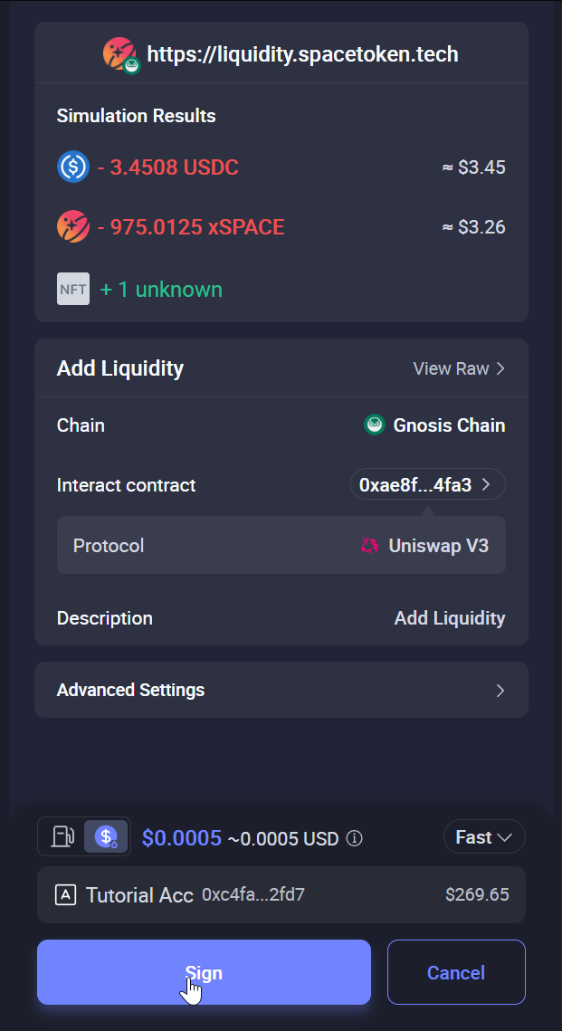 Rabby asking to sign the add liquidity transaction on Gnosis Chain