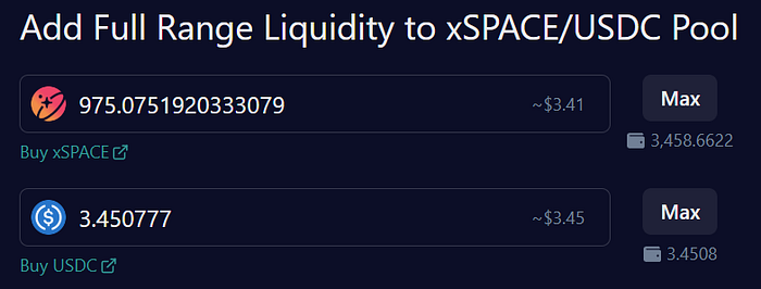 Amount fields filled in the SPACE Liquidity UI on Gnosis