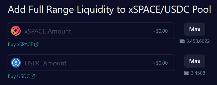 The SPACE Liquidity UI on Gnosis with xSPACE and USDC pre-selected