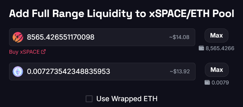 Amount fields filled in the SPACE Liquidity UI on Optimism