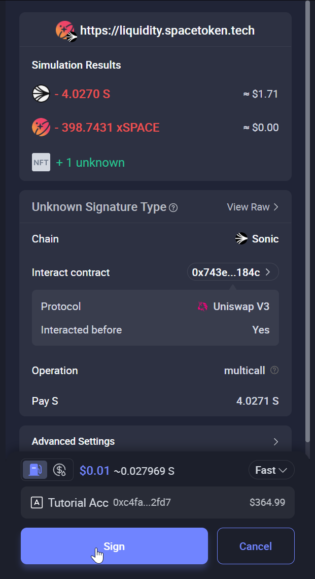 Rabby asking to sign the add liquidity transaction on Sonic